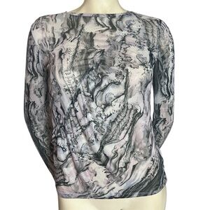 OPEN EDIT Nordstrom Gray Marble Print Ruched Mesh Long Sleeve Stretch Top Sz S
